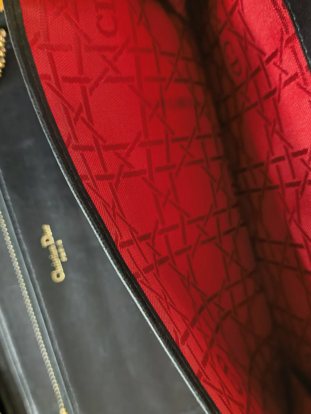 Christian Dior Cannage Black Leather Zip Around Wallet Organizer CD Red Monogram